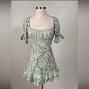 Angel Biba Sage Lace Corset Milkmaid Mini Dress Puff Sleeve Coquette Cottagecore